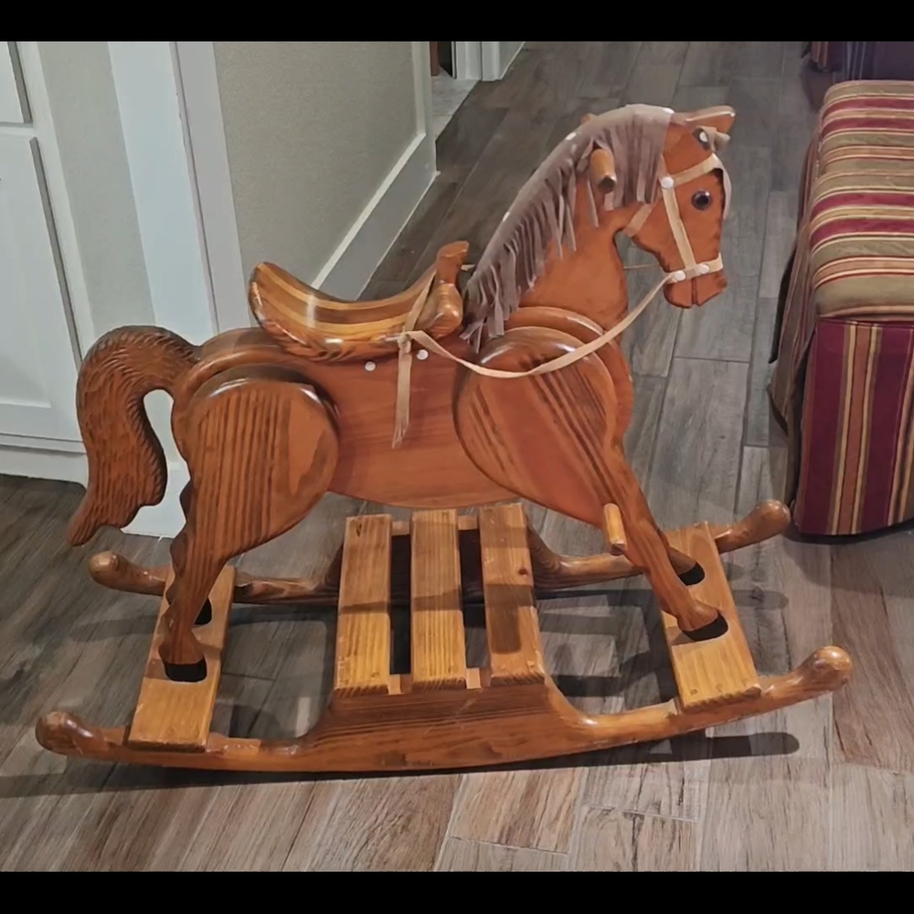 Vintage Wooden Rocking Horse Hand Crafted Leather Bridle Beautiful Unique Detail